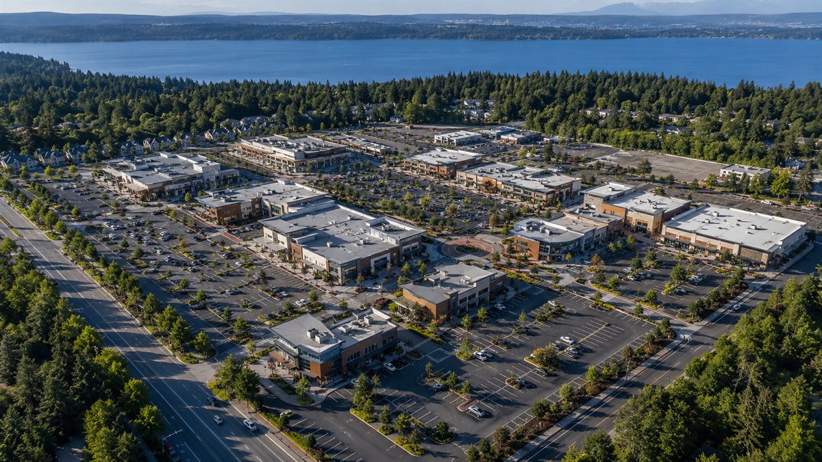 Aerial photo of The Landing shopping district in Renton
