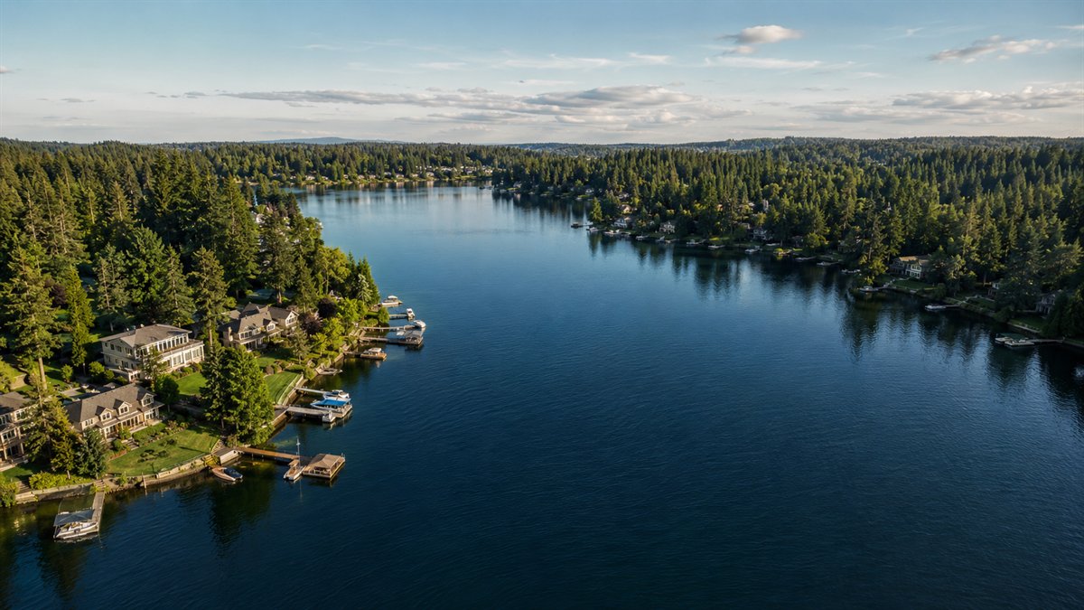 Aerial photo of Pine Lake and lakeside homes in Sammamish