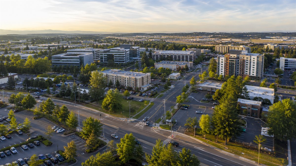 Aerial photo of the SeaTac commercial and hotel district
