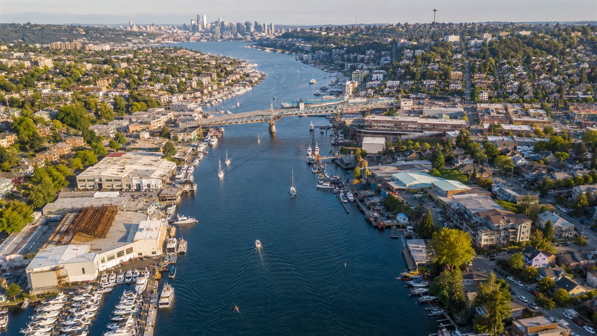 Aerial photo of the Ballard and Fremont ship canal neighborhoods in Seattle