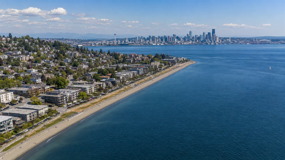 Aerial photo of West Seattle and Alki Beach shoreline