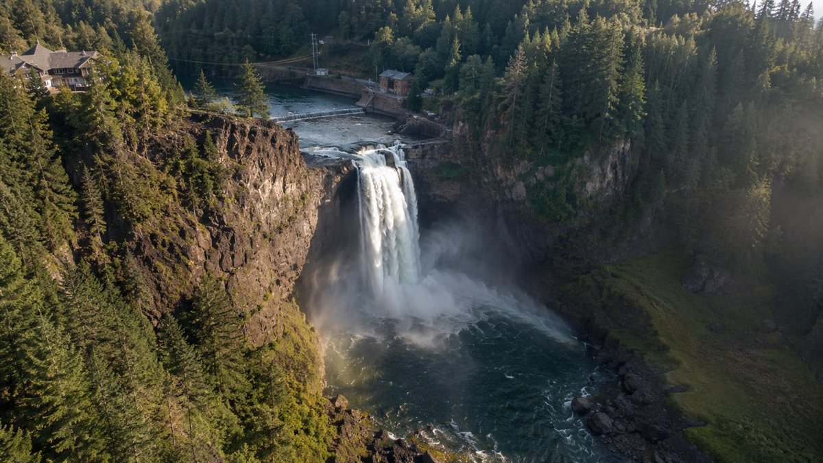 Aerial photo of Snoqualmie Falls and the surrounding forest
