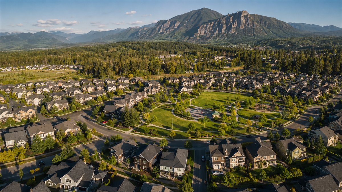 Aerial photo of the Snoqualmie Ridge community with Mount Si behind