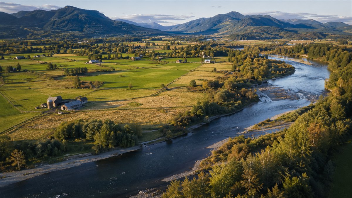 Aerial photo of Snoqualmie Valley farmland and the Snoqualmie River