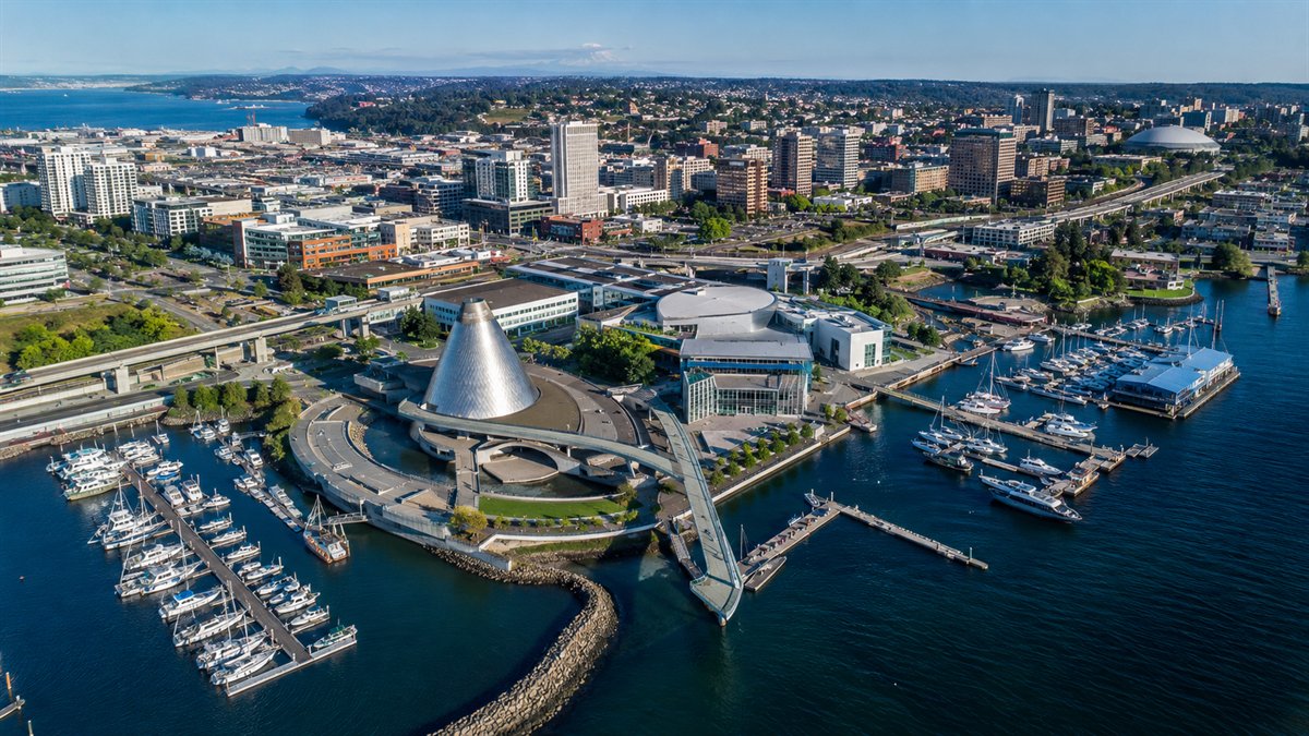 Aerial photo of the downtown Tacoma waterfront and Museum District