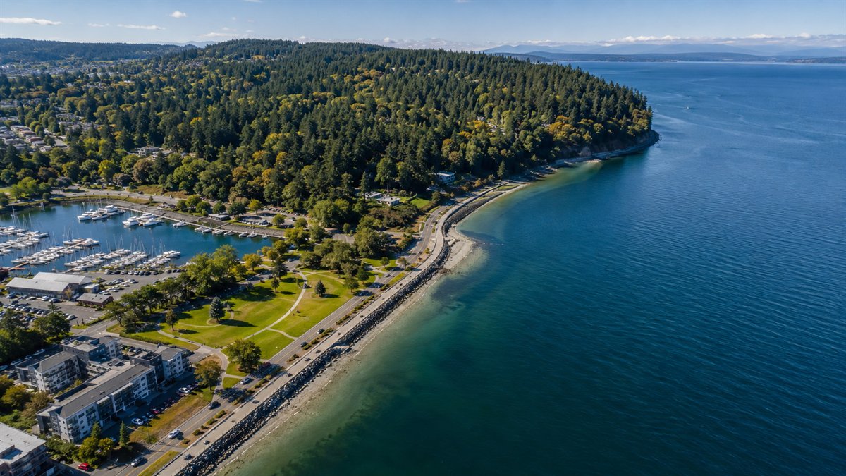 Aerial photo of Ruston Way and Point Defiance in Tacoma