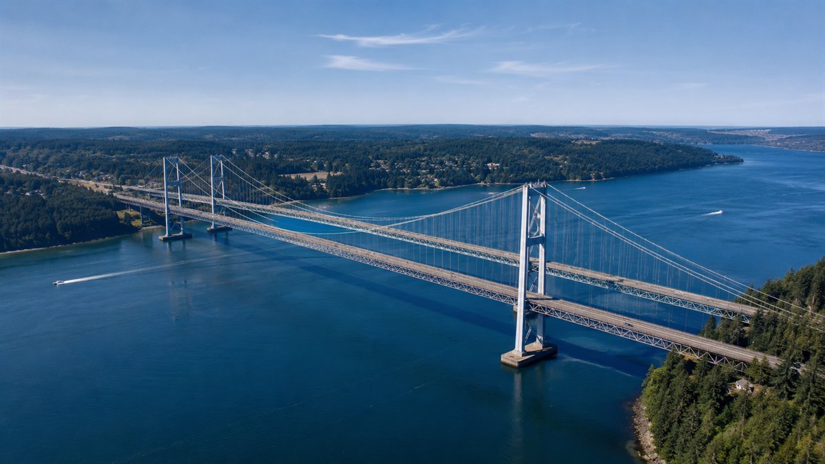 Aerial photo of the Tacoma Narrows Bridge