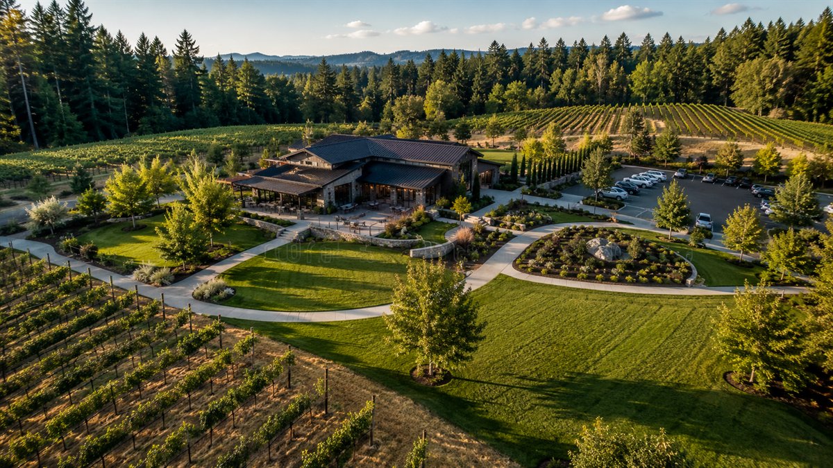 Aerial photo of a Woodinville winery with landscaped grounds and vineyards
